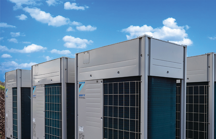 A row of Daikin VRV outdoor condensing units.